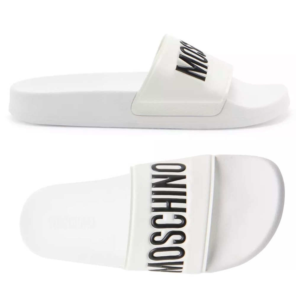 Moschino Pool Slides White Embossed  Slip-on Women's Size 37 (7)